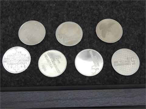 009) Alte 5 Franken Silbermünzen, 7 Stk.